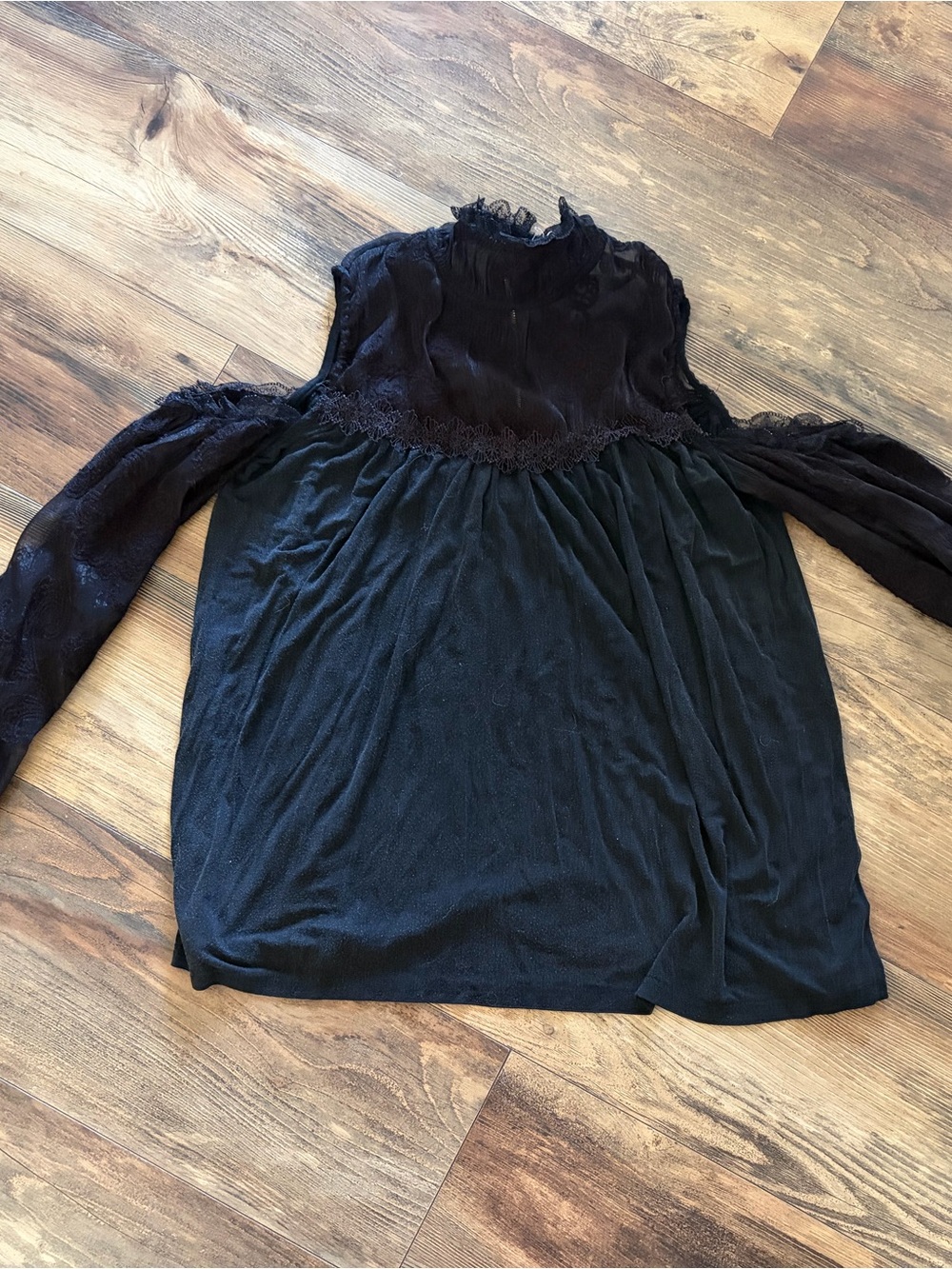 POL Black Lace Cold-Shoulder Blouse with Ruffle Neck